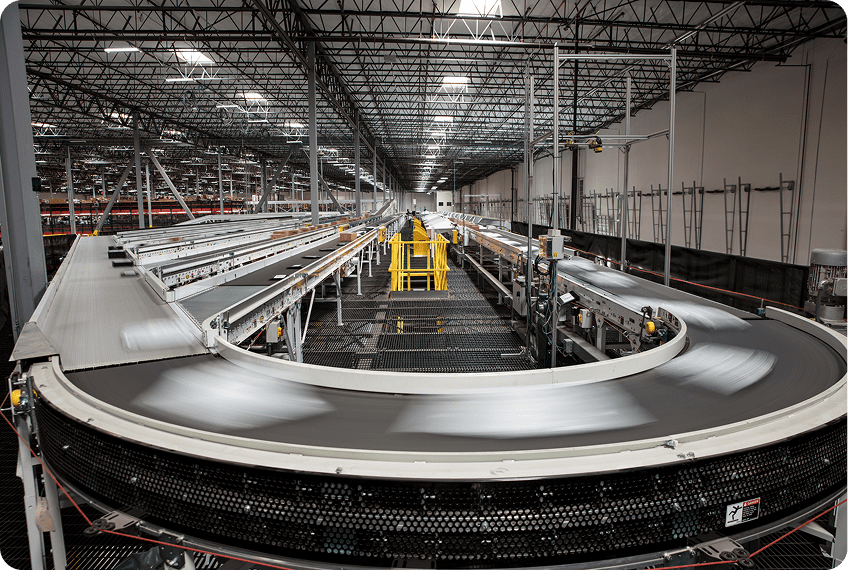 Industrial conveyor system in motion